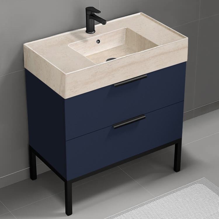 Bathroom Vanity Travertine Style Basin with Navy Blue Finish Metal Frame