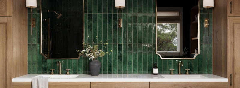 Bathroom Vanity Vertical Emerald Glossy Tile Brass Wood Toned Modern