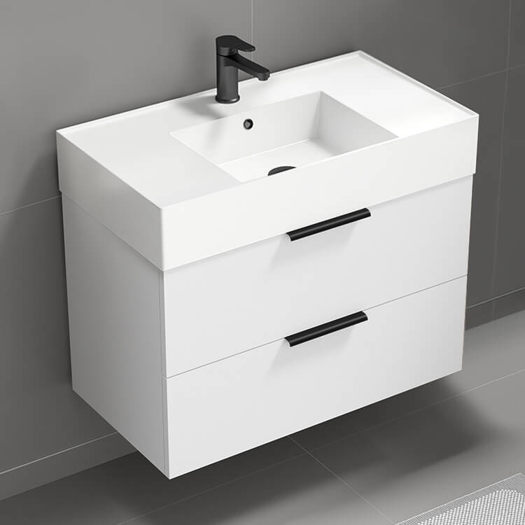 Bathroom Vanity Wall Mounted White Minimalist with Integrated Sink