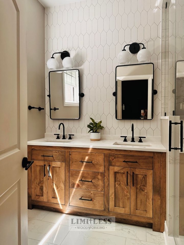 Bathroom Vanity Warm Wood Double Sink Black Fixtures Globe Shades