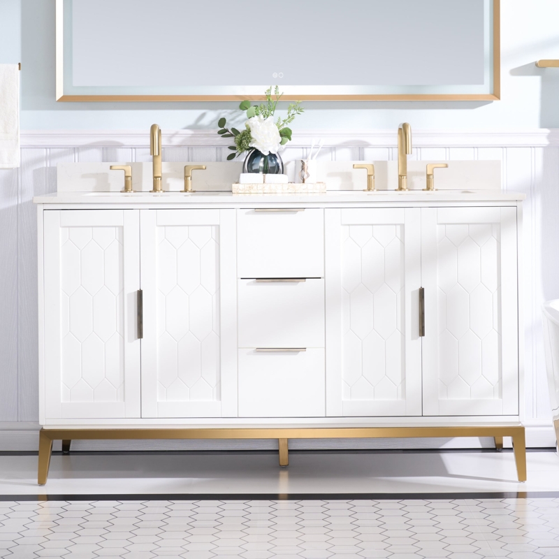 Bathroom Vanity White Geometric Panels Gold Metal Base Glam Style