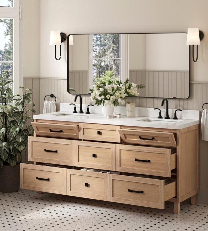 Bathroom Vanity White Oak 72 Inch Double Sink Matte Black Fixtures