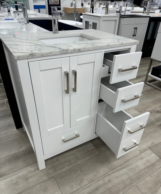 Bathroom Vanity White Shaker with Marble Top and Bottom Drawer Storage