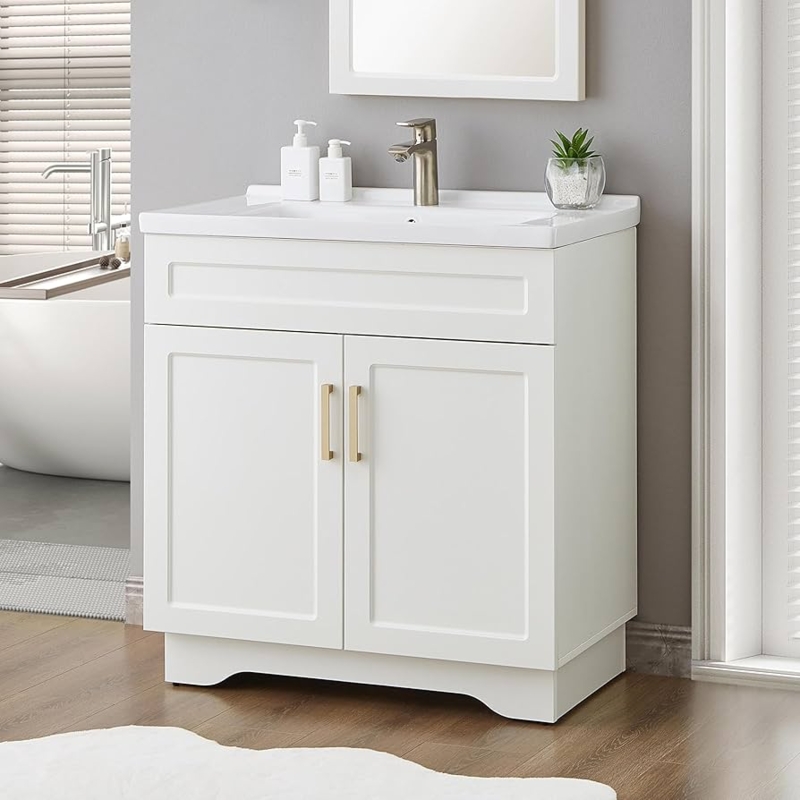 Bathroom Vanity White with Shaker Doors Gold Hardware and Integrated Sink
