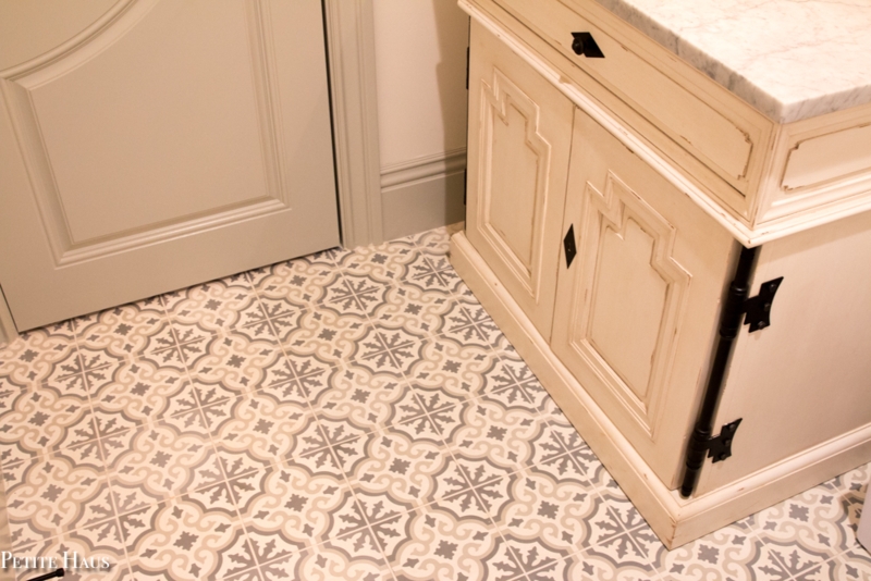 Bathroom Vanity with Distressed Cream Finish and Patterned Cement Tiles