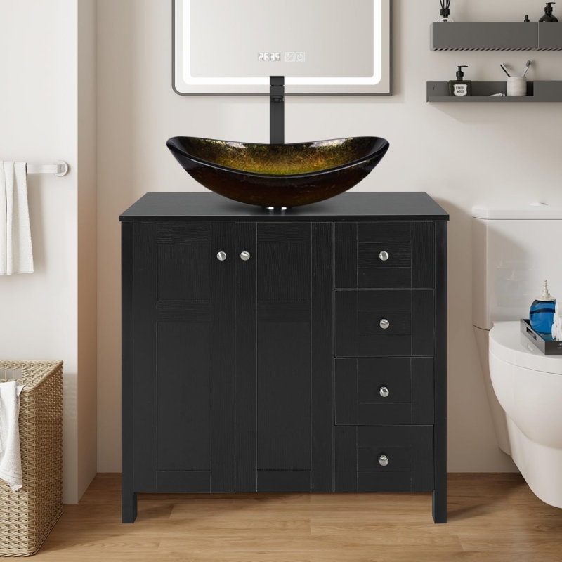 Bathroom Vanity with Gold Glass Boat Shaped Vessel Sink and Storage