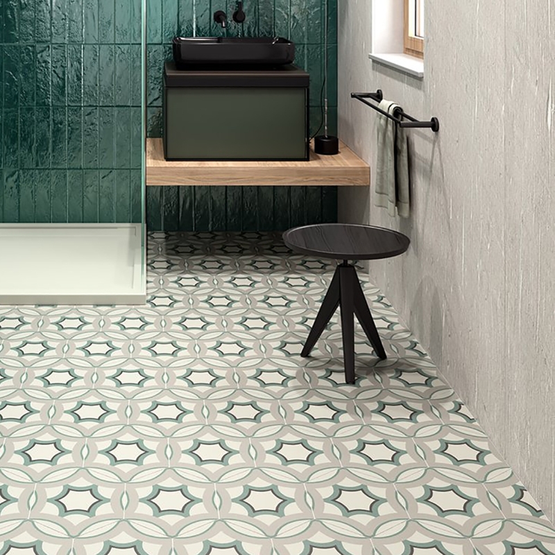 Bathroom Vanity with Vertical Teal Tile & Geometric Floor