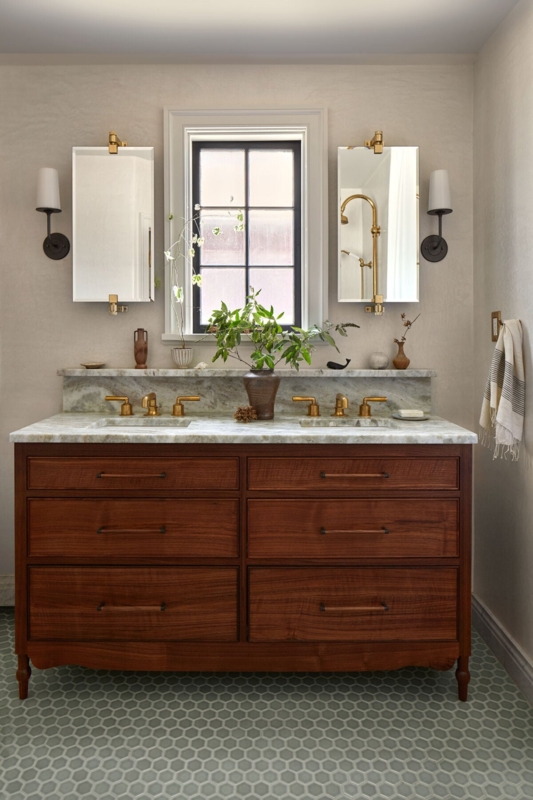 Bathroom Vanity: Wood Double Sink with Sage Green Hexagon Floor Tile