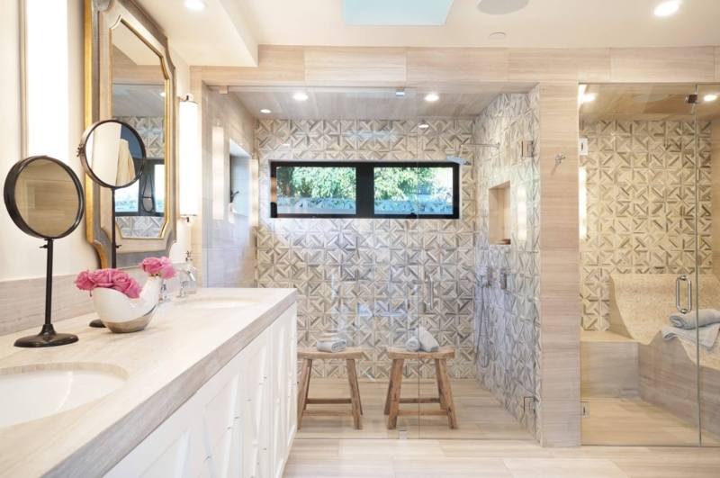 Bathroom Walk In Shower Geometric Tile Built In Bench Wood Stools