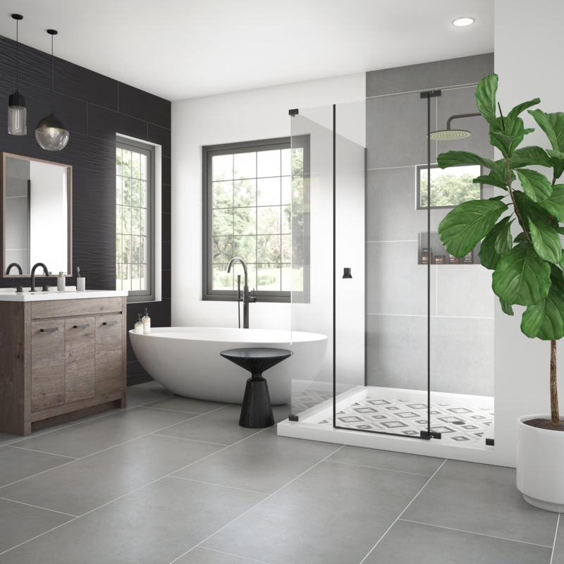 Bathroom with Black Wavy Wall Tile and Geometric Shower Floor