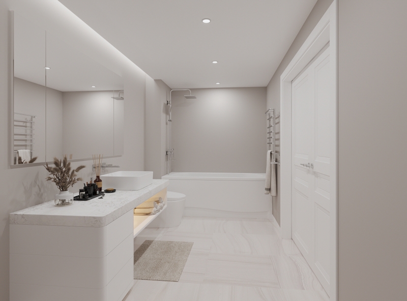 Bathroom with Large Format Floor Tiles and Thick Vanity Countertop