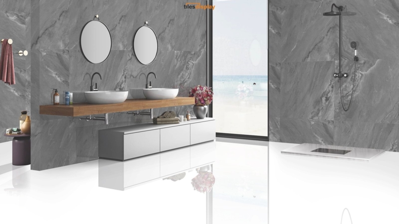Bathroom with Marbled Grey Walls and Floating Wood Shelf