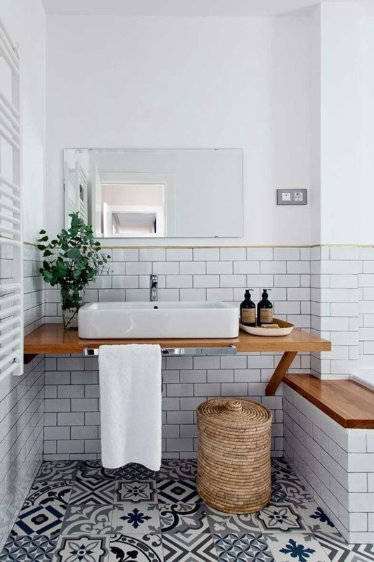 Bathroom with Patterned Floor Tile & Floating Wood Shelf