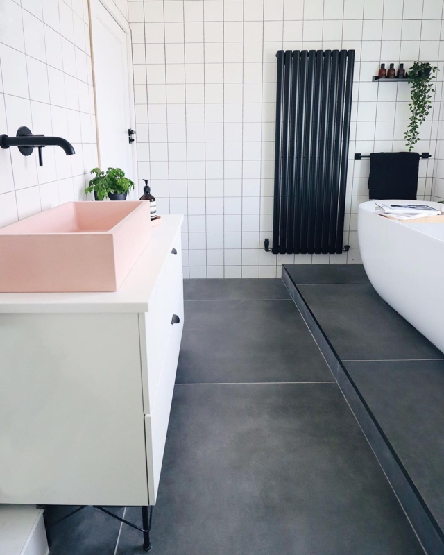 Bathroom with Pink Vessel Sink Dark Grey Floor Grid Wall Tiles