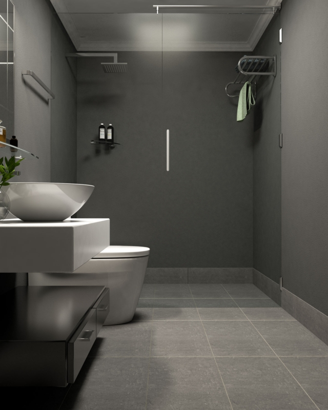 Bathroom with Vertical Light Bar Charcoal Walls Minimalist Tiles