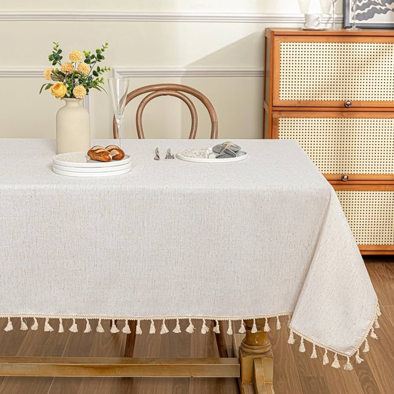 Beige Linen-Like Tablecloth Tassel Trim Fringe Edge Boho Chic