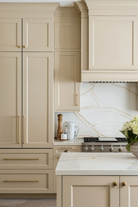 Beige Shaker Cabinets featuring Gold Veined Marble Backsplash (68 characters)