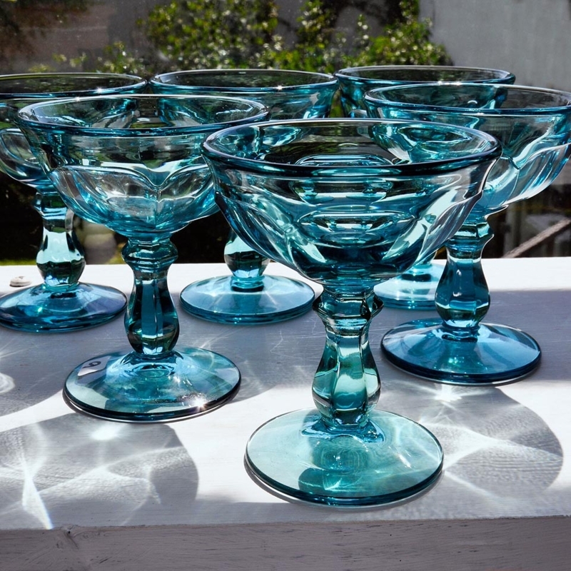 Beverage Glass Teal Blue Scalloped Bowl Pedestal Stem Traditional
