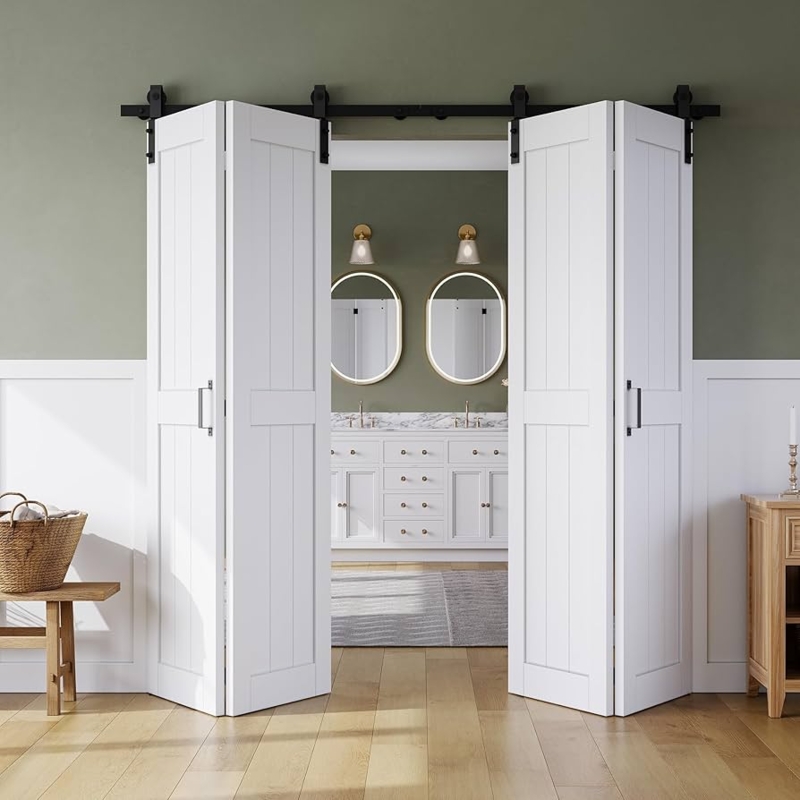 Bifold Barn Door White H-Frame Space Saving Folding Design