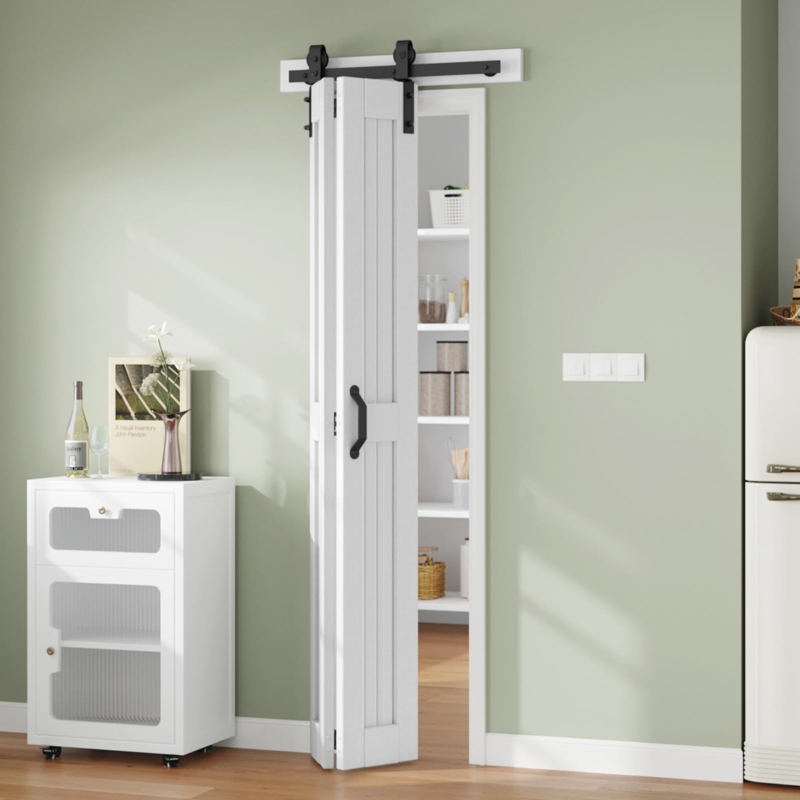 Bifold Barn Door White Space Saving Black Hardware Farmhouse Pantry Style