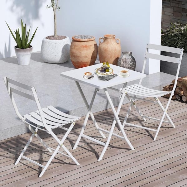 Bistro Set Folding Crisp White Metal Slatted Square Table