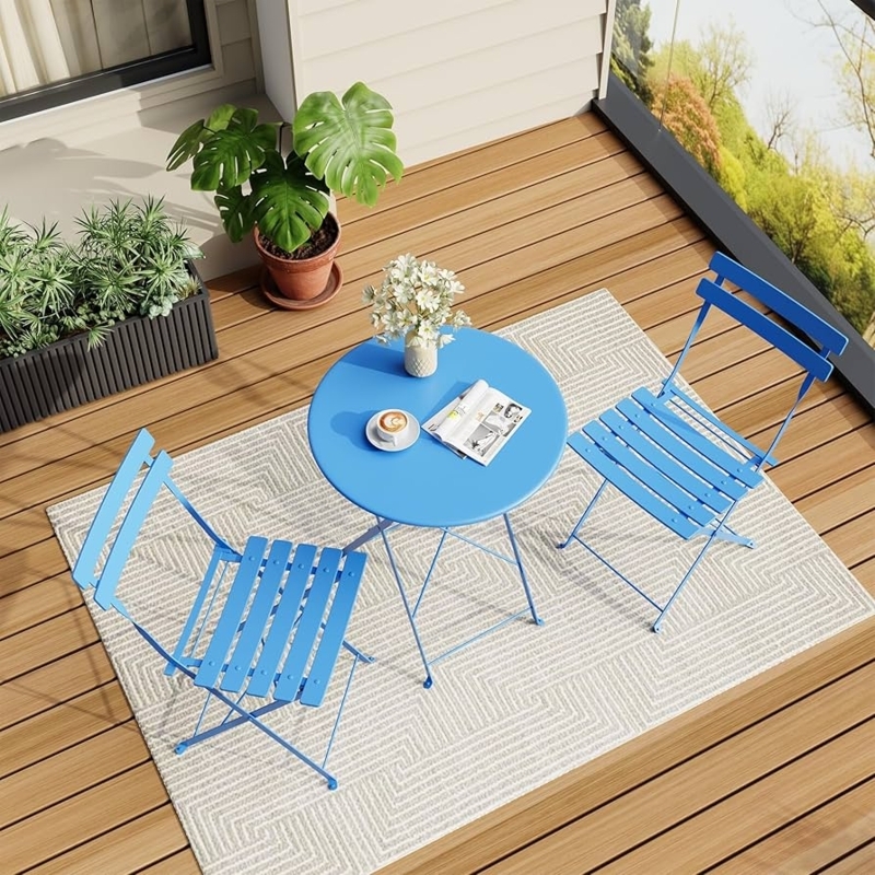 Bistro Set Folding Vibrant Blue Metal Slatted Compact