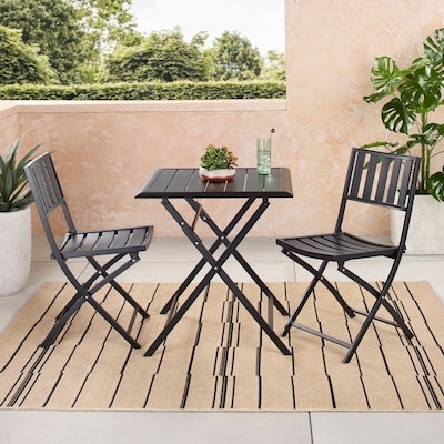 Bistro Set Modern Black Slatted Metal Folding Square Table