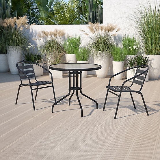 Bistro Set Round Tempered Glass Matte Black Metal Slatted Design