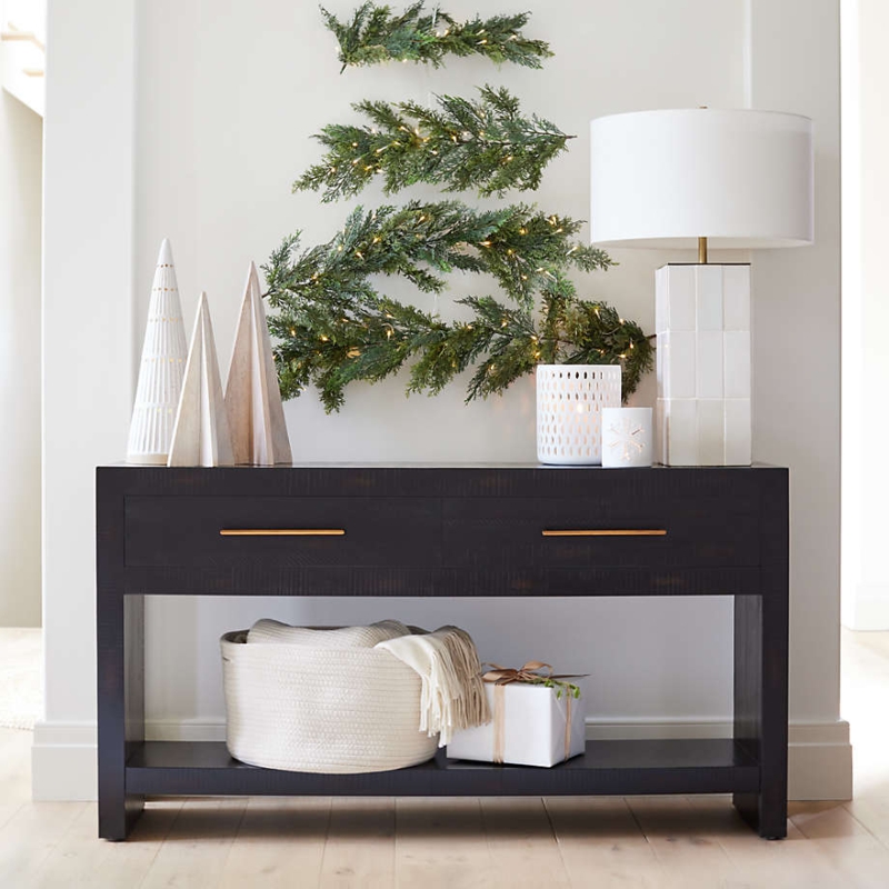 Black Acacia Wood Console Table Gold Pulls Storage Shelf Drawers