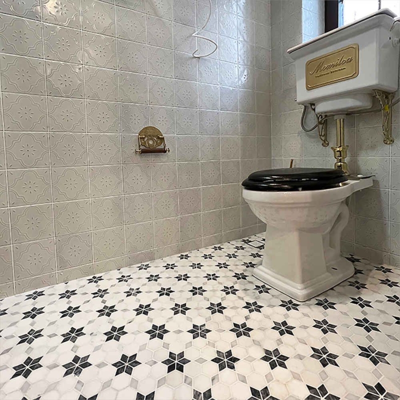 Black and White Star Mosaic Flooring in Victorian Bathroom Design