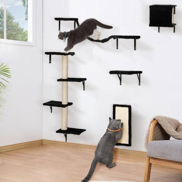 Black Cat Tree Wall Mount Set Plush Sisal Bridge (51 chars)