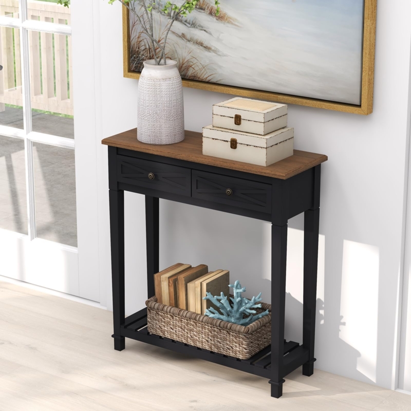 Black Coastal Console Table with Two-Tone Finish and X-Motif Drawers