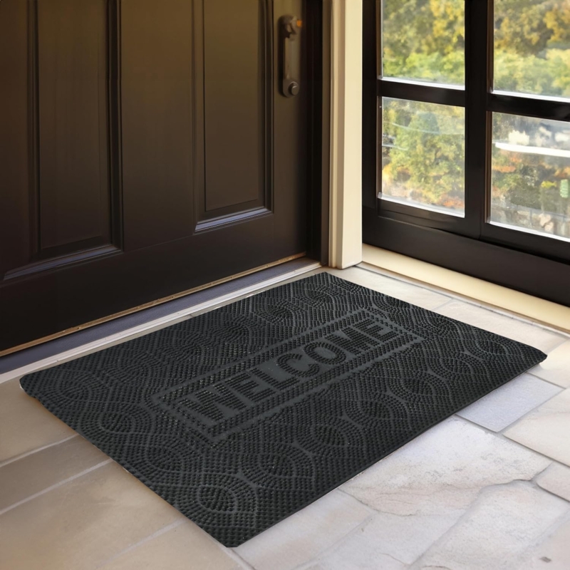 Black Door Mat Embossed Welcome Text Nubby Raised Texture Minimalist