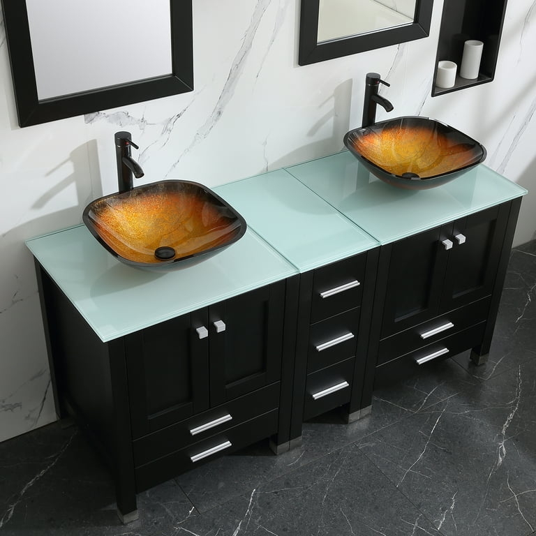 Black Double Vanity Set with Amber Glass Vessel Sinks
