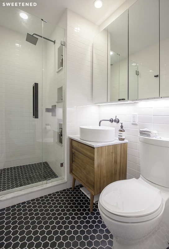 Black Hex Tile Floor: Small Modern Bathroom Layout with Wood Vanity