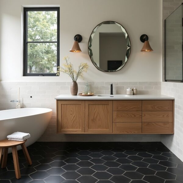 Black Hexagon Floors Mid Century Floating Bathroom Vanity