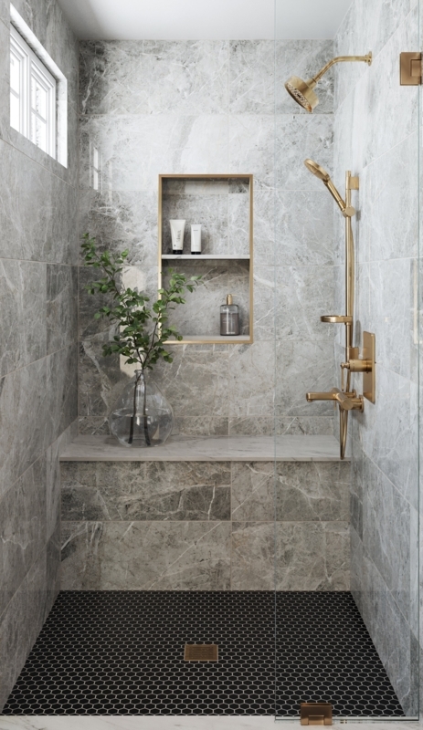 Black Hexagon Shower Floor Tile with Brass Fixtures and Marble Walls
