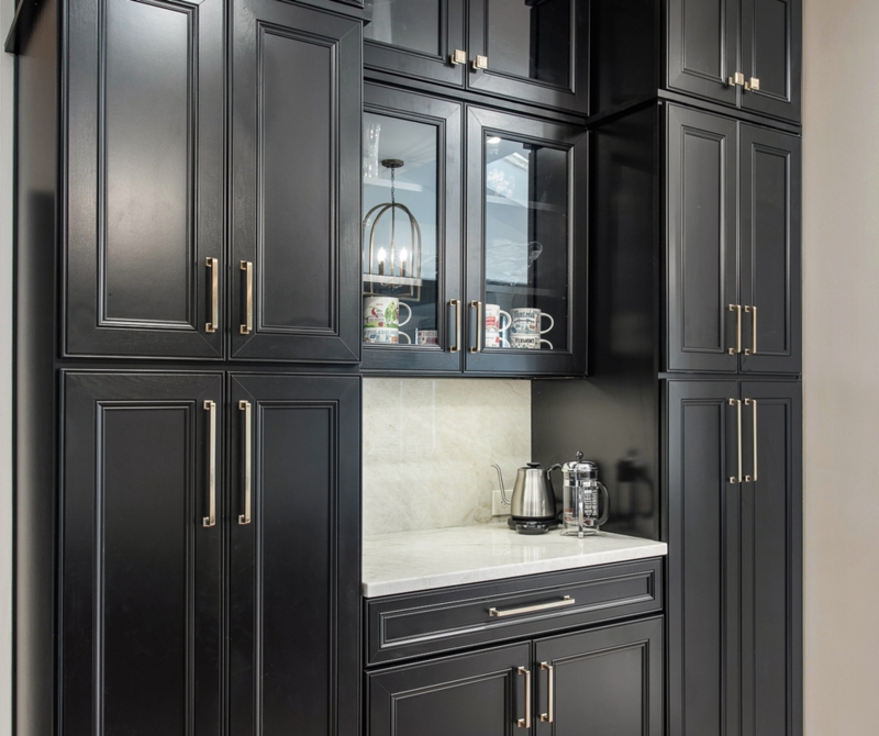 Black Kitchen Cabinetry Built-In Coffee Bar Slab Stone Backsplash