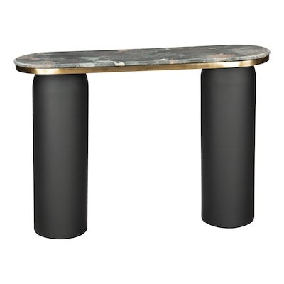 Black Pillar Console Table Oval Multicolor Stone Top Metallic Rim