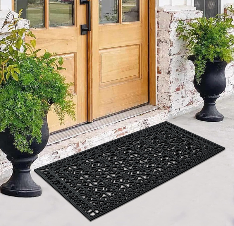 Black Rubber Doormat Open Weave Scrollwork Heavy Duty Outdoor Mat