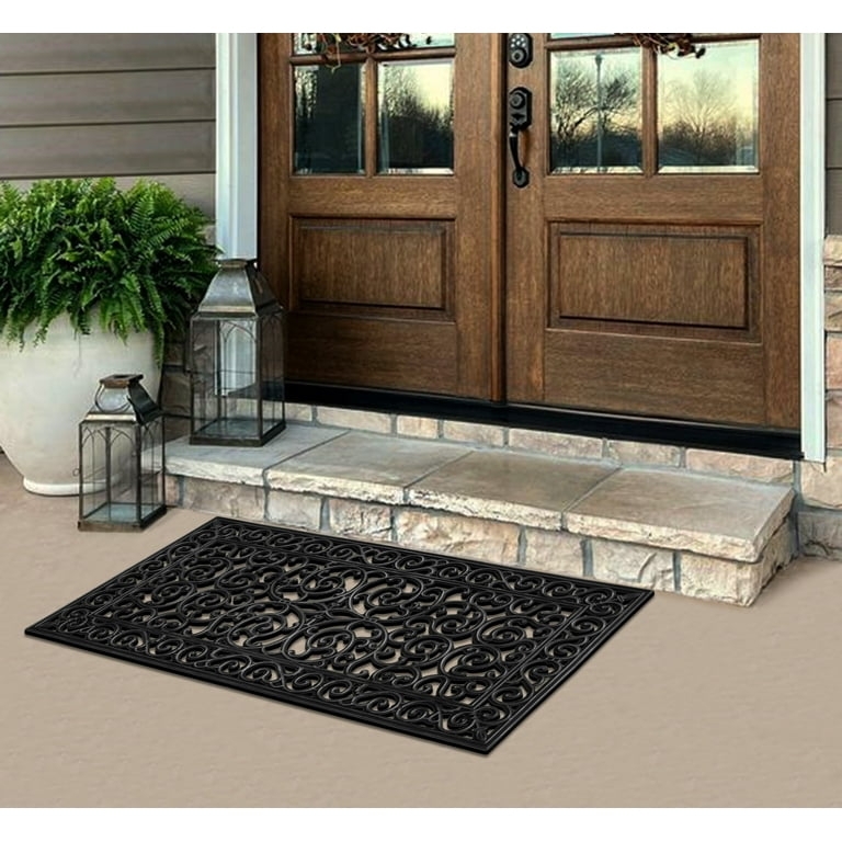 Black Scrollwork Doormat, Open Cutout Filigree Design, Rubber