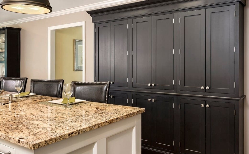 Black Shaker Kitchen Cabinets Granite Topped Island Silver Hardware