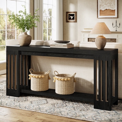 Black Wood Console Table with Slatted Sides & Lower Shelf for Storage