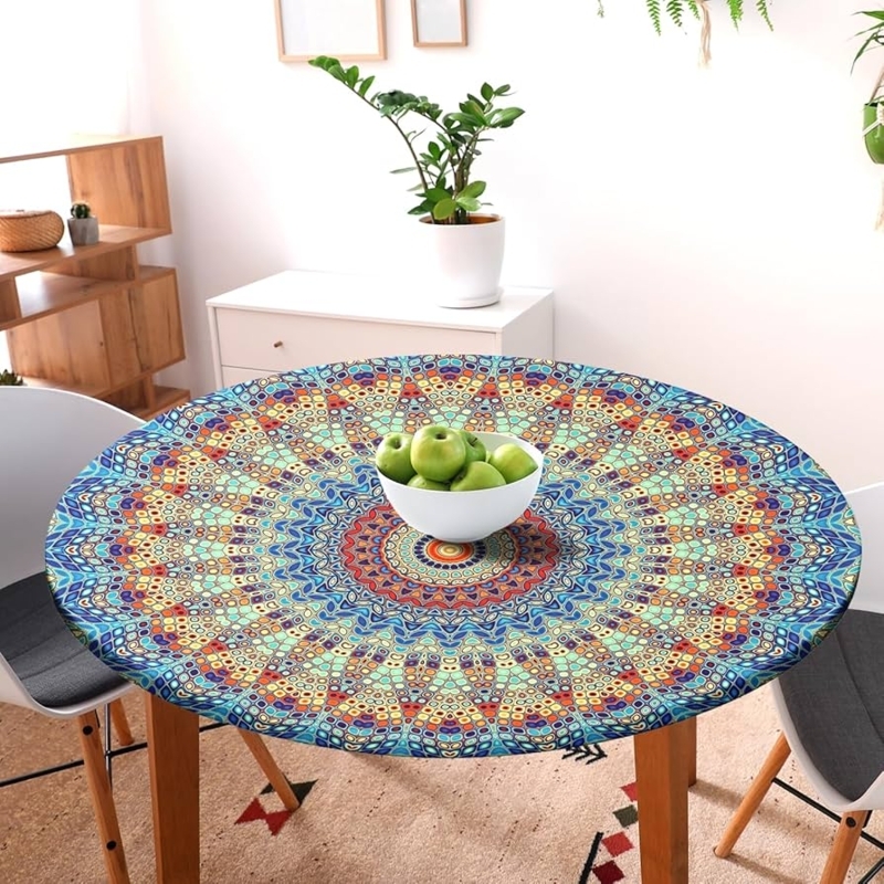 Blue Mandala Tablecloth Round Fitted Teal Orange Bohemian Eclectic
