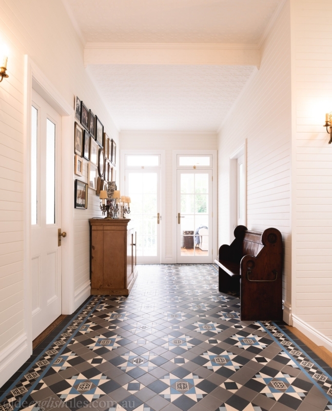 Blue Tessellated Hallway Floor Tiles with White Shiplap Walls