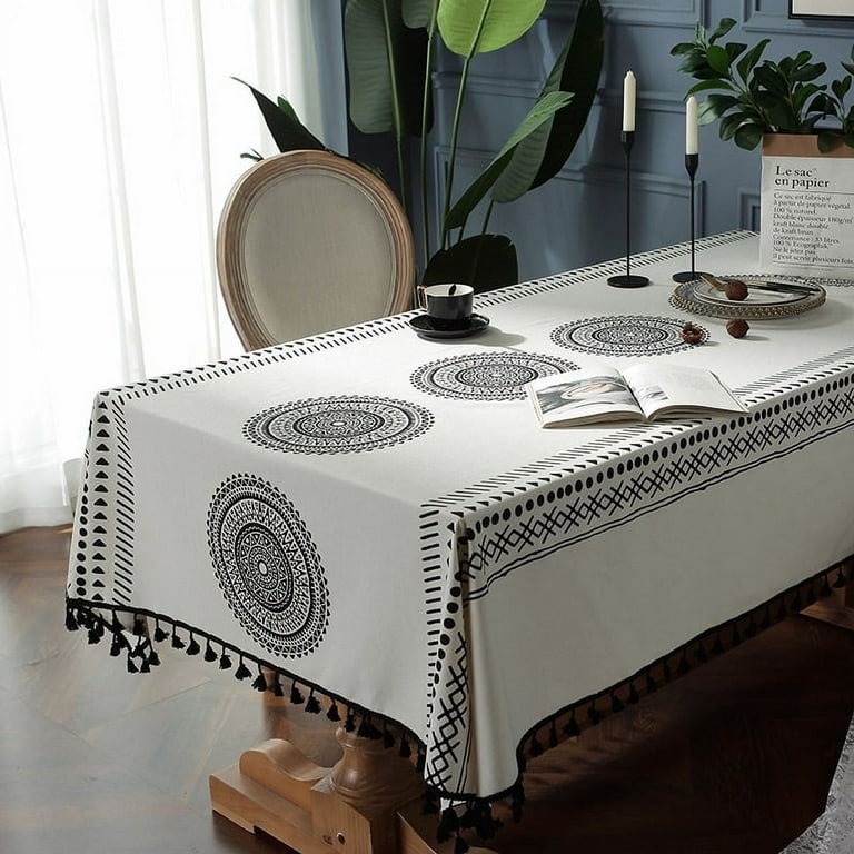 Bohemian Tablecloth with Black Mandala Print and Tassel Fringe