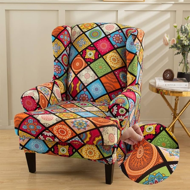 Bohemian Wingback Chair Cover Mandala Patchwork Stretch Fit