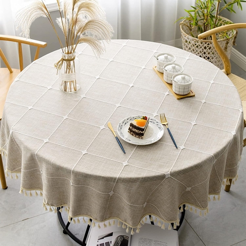 Boho Round Tablecloth Beige Grid Pattern Tassel Fringe Farmhouse