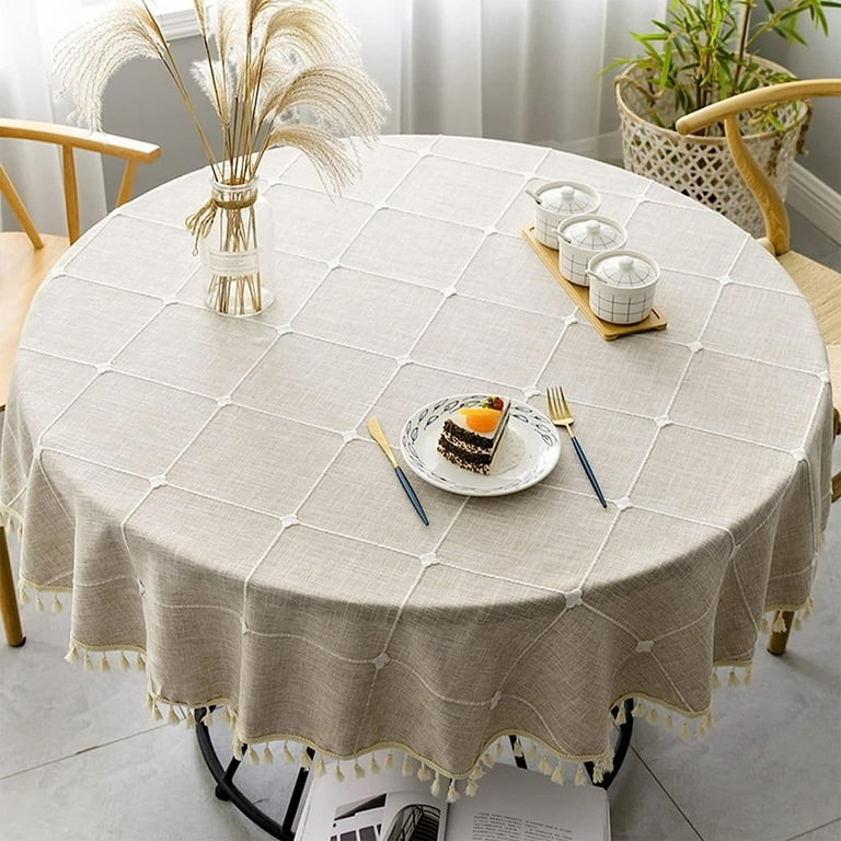 Boho Round Tablecloth with Tassel Trim and Windowpane Plaid Pattern
