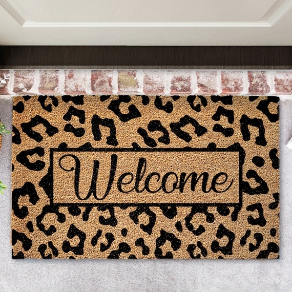 Bold Glam Leopard Print Welcome Mat with Script
